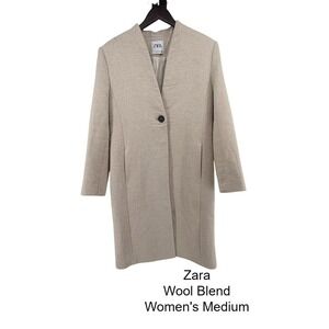 Zara Womens Wool Blend Single Button Longline Coat Oatmeal Beige Medium